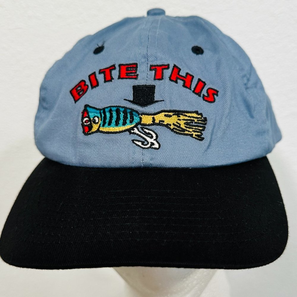 Shoebox BITE THIS Baseball Cap Hat Embroidered Fishing Bait Hook Blue Black OS